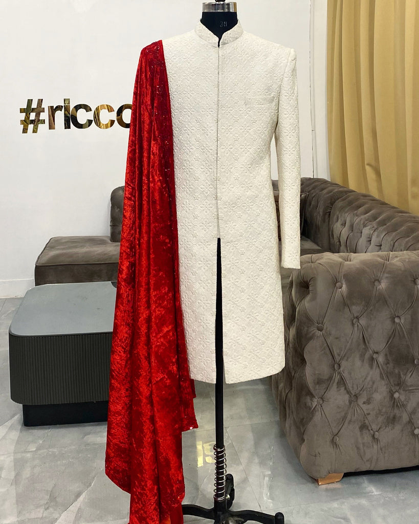sherwani with red shawl
