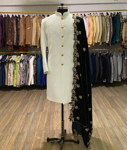White Sherwani with green velvet shawl