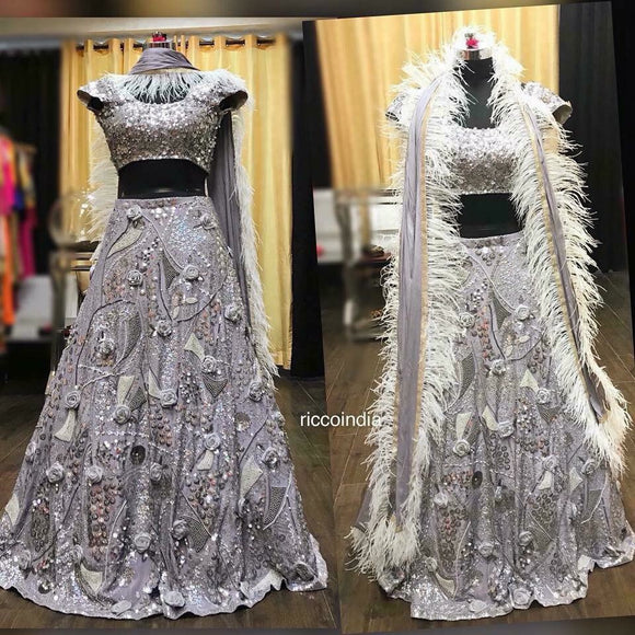 Silver sequin and bead work Lehenga with feather dupatta