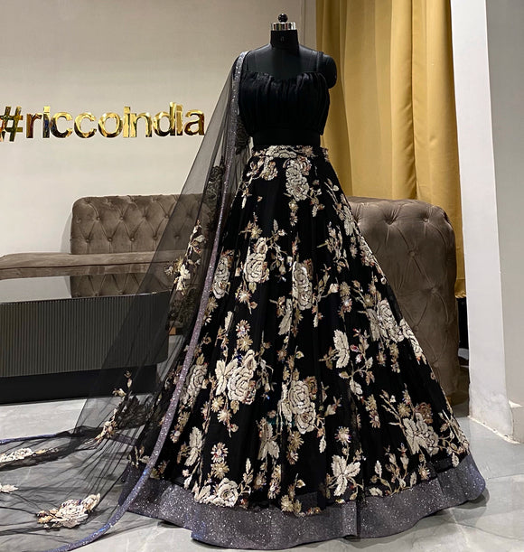 Black lehenga with floral embroidery