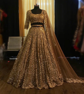 Copper gold Lehenga with zari and sequin work and cut work dupatta