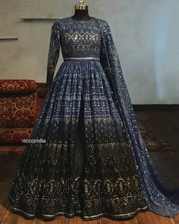Ombré front open chikkankari Anarkali with embroidered pants