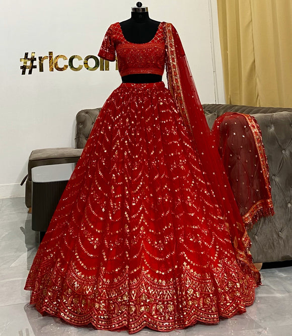 Red sequins work lehenga