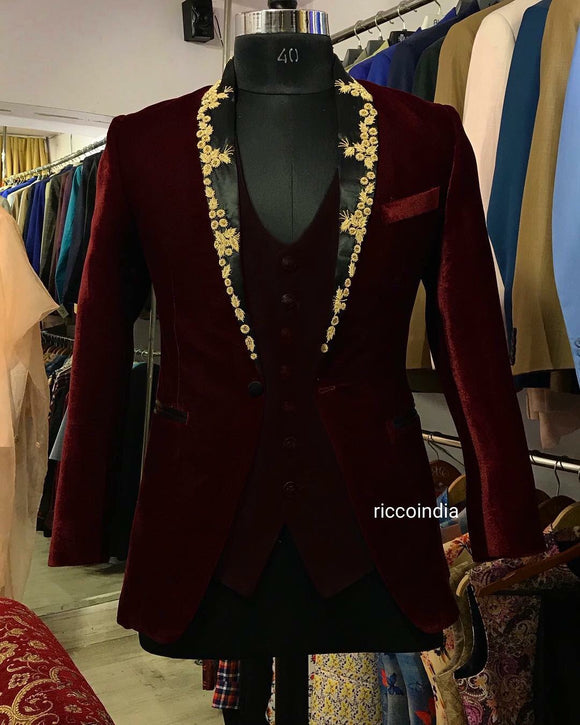 Embroidered lapel burgundy velvet tuxedo