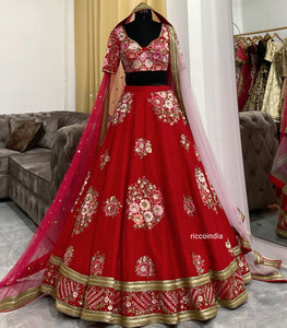 Cherry red bridal Lehenga with two veils