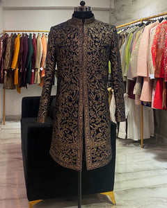 Blue suede sherwani with rose gold embroidery