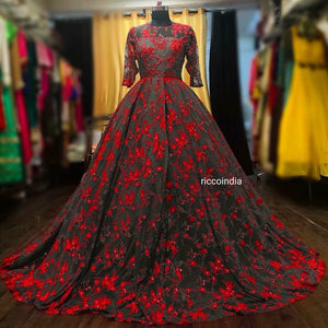 Grey and red Resham work ball gown with Swarovski embellishments