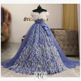 Pastel blue gown with white beadwork and feathers and a sparkly removable train