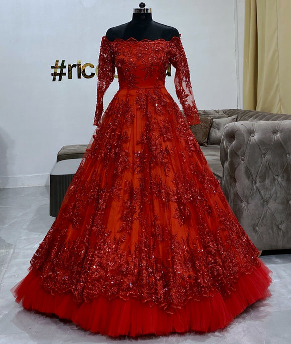 Red Off Shoulder Beaded Full Length Evening Dress