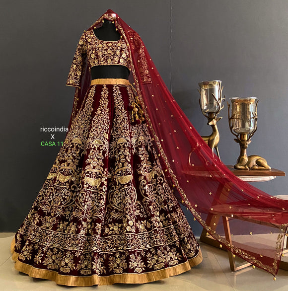 Maroon velvet zardosi work bridal lehenga