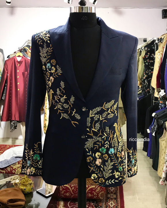 Blue tuxedo with zardosi embroidery