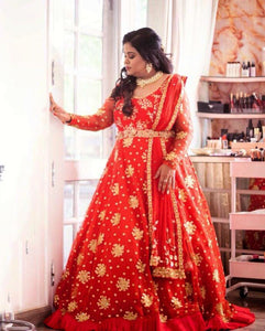 Red Anarkali train gown with grill detail border