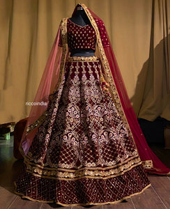 Maroon bridal lehenga with coral dupatta