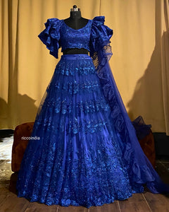 Royal Blue beadwork lehenga with ruffle top and dupatta