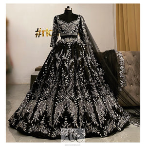 Black structured Lehenga with silver beading