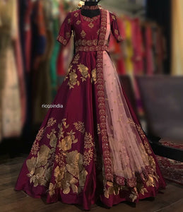 Wine belt Anarkali gown with pink dupatta
