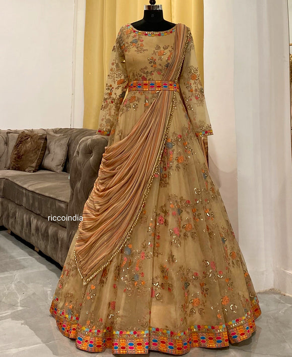 Gold draped Anarkali gown