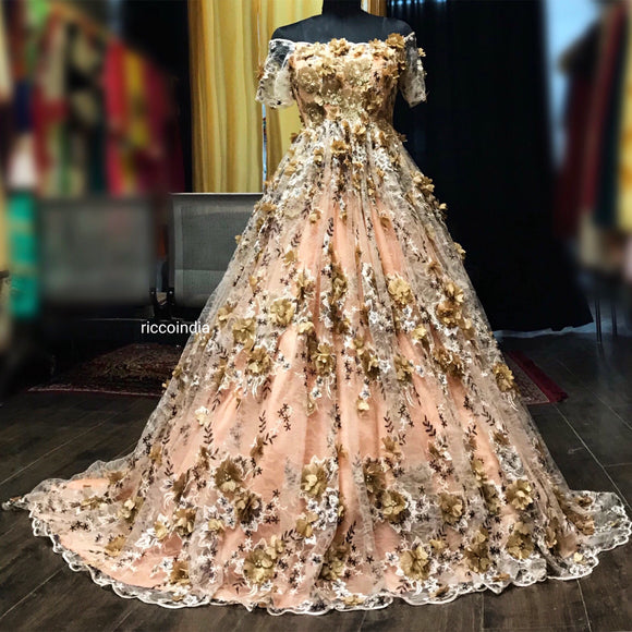 3D flowers embroidery gown with train