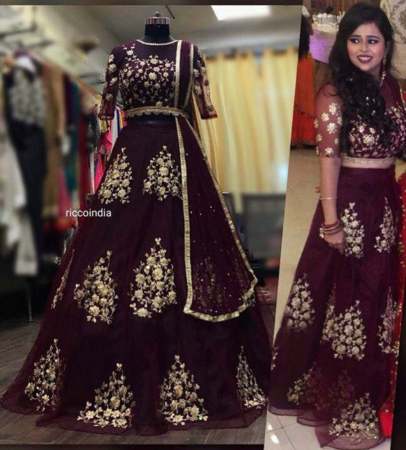 Wine embroidered Lehenga with attached dupatta