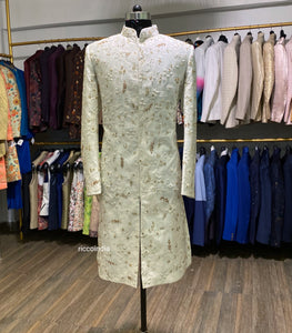 Ivory sherwani with pearls and glass bead embroidery