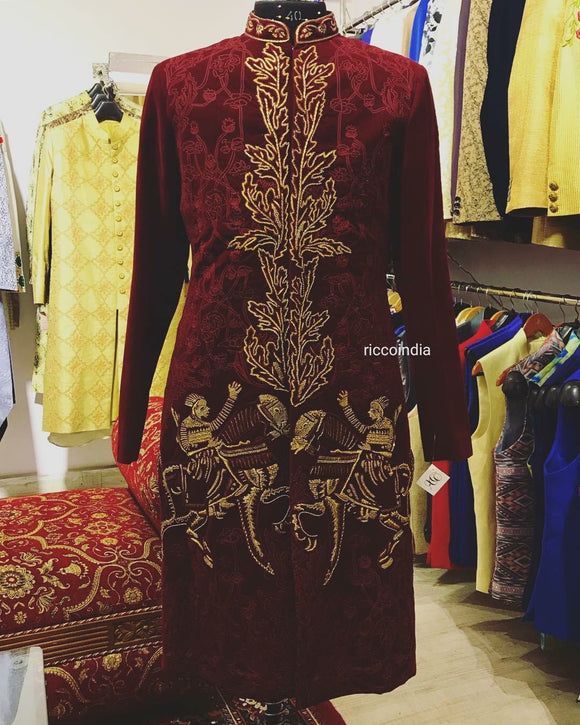 Maroon velvet sherwani with Baraat embroidery