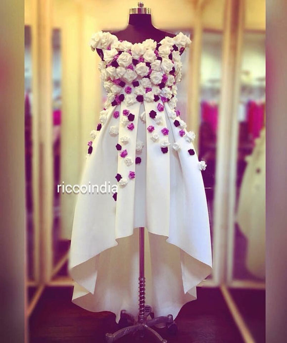White high low cocktail dress with handmade flowers