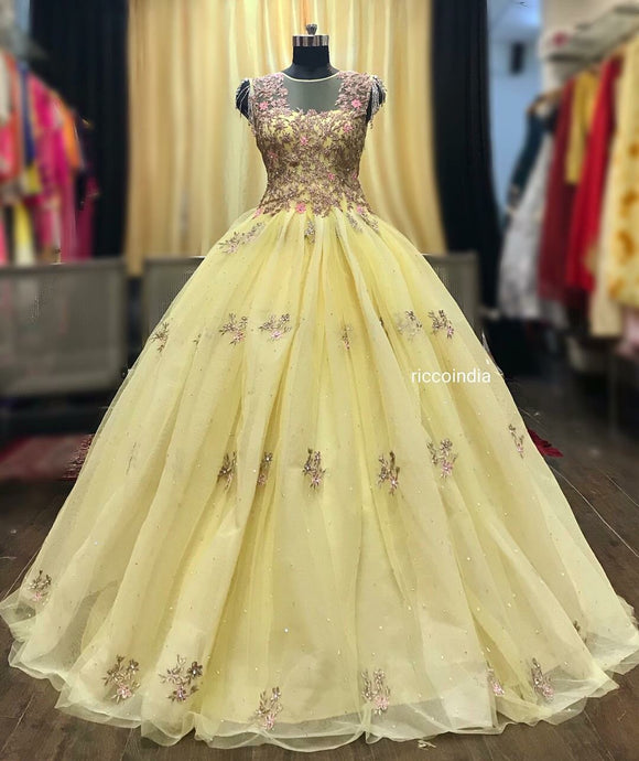 Lemon ball gown with crystal sleeves