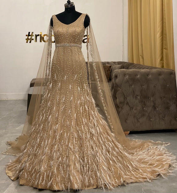 Champagne gold mermaid gown with feathers – Ricco India