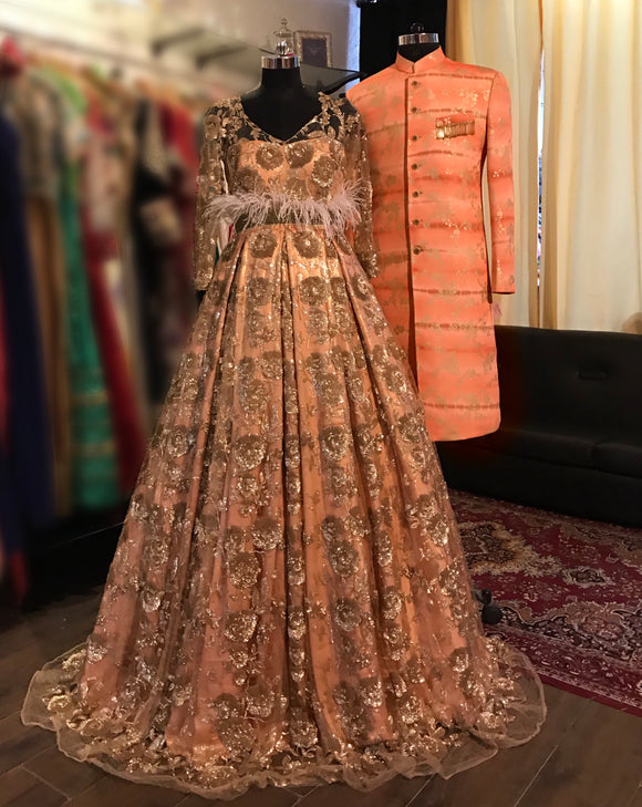 Peach heavy work gown and peach tie-dye sherwani