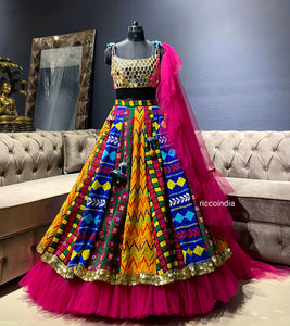 Multicolour lehenga with mirrorwork top and frill dupatta