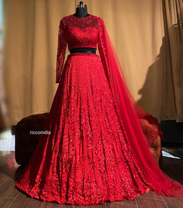 Red lehenga with glass beads embroidery
