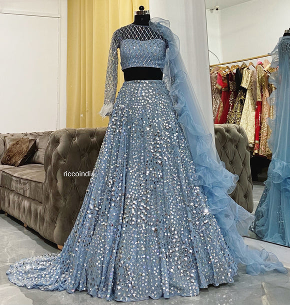 Pastel blue sequins work lehenga with frill dupatta