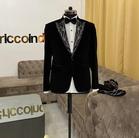 Black velvet tuxedo with crystal embroidery lapel