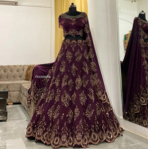 Wine beadwork lehenga