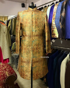 Multicolour brocade sherwani with gold crystal buttons