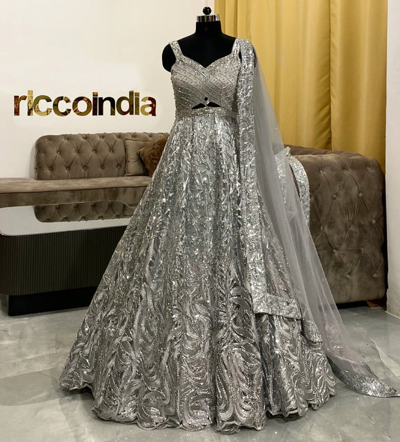 Nikah Wear - Light Grey Halter Neck Gown Lehenga