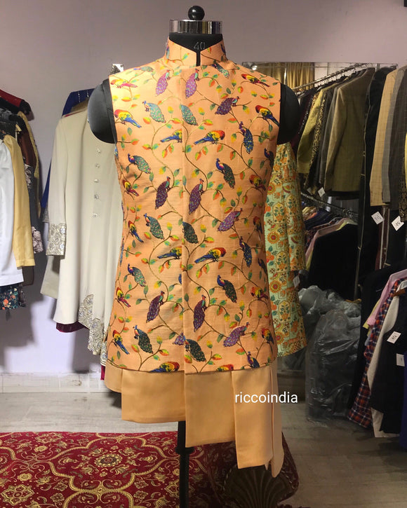 Peacock embroidery draped waistcoat