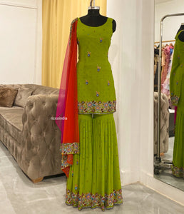Parrot green sharara with colorful embroidery