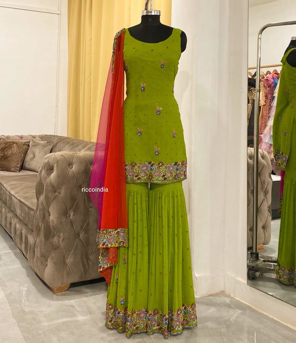 Buy Parrot Green Zariwork Art Silk Readymade Salwar Suit - Koskii